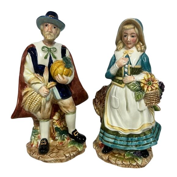 Fitz and Floyd Harvest Heritage Pilgrims Salt/Pepper Shaker Set-in Box-Excellent - Picture 1 of 11